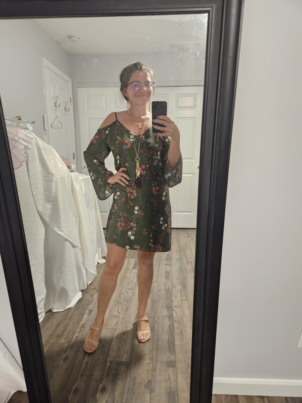 love, Fire Olive Green Floral Cold-Shoulder Mini Dress
